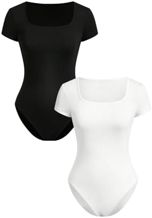 RoseSeek Girl's Short Sleeve Bodysuit Square Neck Leotard Tops 2 Pack by RoseSeek