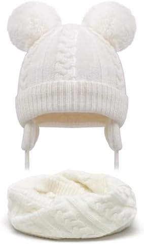 Duoyeree Toddler Winter Hat, Earflap Double Pom Pom Knit Beanie 0-36M by Duoyeree