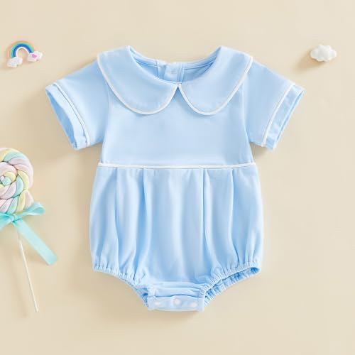 Newborn Baby Boy Girl Clothes Short Sleeve Solid Bubble Romper Doll Collar - Image 4