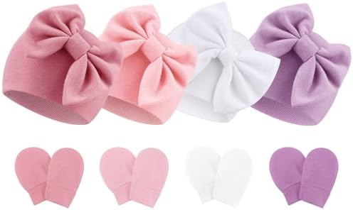 Newborn Baby Hats and Mittens Set Infant Bow Beanie Cap Toddler Gloves Newborn by AQOKKA