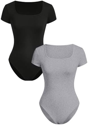 RoseSeek Girl's Short Sleeve Bodysuit Square Neck Leotard Tops 2 Pack by RoseSeek