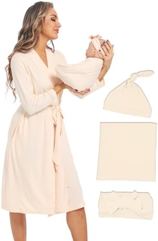 Maternity Robe with Matching Swaddle Blanket Set, Maternity Barhrobe Delivery by QTECLOR