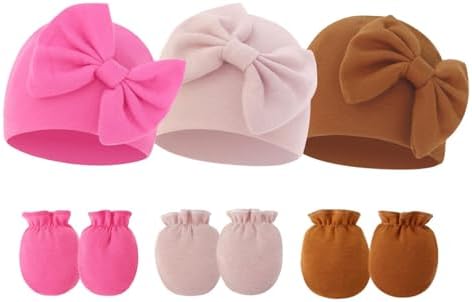 Newborn Baby Hats Mittens Sets Bow Infant Caps Gloves No Scratch Mitten Beanie by Fecawd