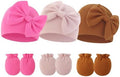 Newborn Baby Hats Mittens Sets Bow Infant Caps Gloves No Scratch Mitten Beanie by Fecawd