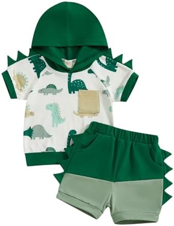 Toddler Baby Boy Hooded Dinosaur Summer Outfit Funny T-Shirt Shorts Set by LIOMENGZI