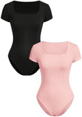 RoseSeek Girl's Short Sleeve Bodysuit Square Neck Leotard Tops 2 Pack by RoseSeek