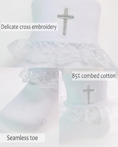 Baptism Socks for Baby Newborn White Turn Cuff Cross Socks, Toddler Ruffle Sock - Image 4