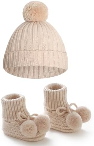 Baby Hats and Booties Set Newborn Knit Pompom Beanie Caps Shoes Winter by WuguguBabyClothes