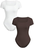 RoseSeek Girl's Short Sleeve Bodysuit Square Neck Leotard Tops 2 Pack by RoseSeek
