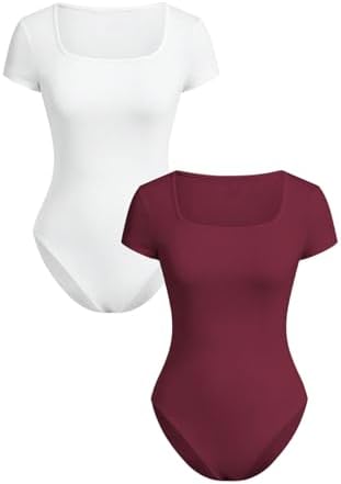 RoseSeek Girl's Short Sleeve Bodysuit Square Neck Leotard Tops 2 Pack by RoseSeek