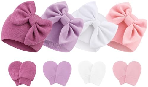 Newborn Baby Hats and Mittens Set Infant Bow Beanie Cap Toddler Gloves Newborn by AQOKKA