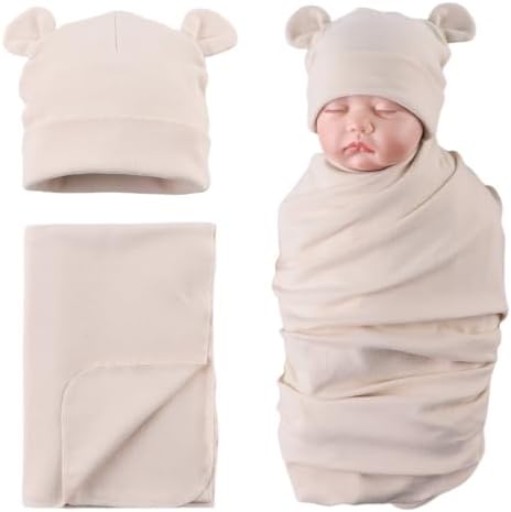 PESAAT Cotton Baby Swaddle Hat Set Newborn Infant Hats Receiving Blankets by Pesaat