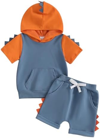 Toddler Baby Boy Hooded Dinosaur Summer Outfit Funny T-Shirt Shorts Set by LIOMENGZI