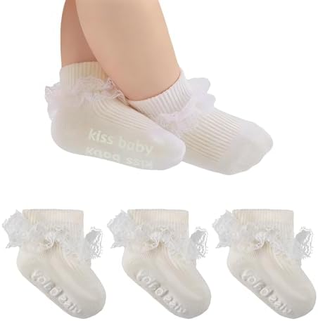 Baby Girl Ruffle Socks with Grips Lace Frilly Ankle Dress Socks by MKYSZLTSOCKS-EnjoyComfort