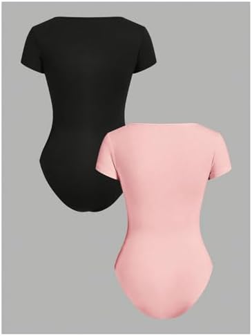 RoseSeek Girl's Short Sleeve Bodysuit Square Neck Leotard Tops 2 Pack - Image 2