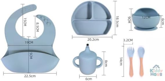 Silicone Baby Feeding Set | BPA-FREE |9 PCS Baby Led Weaning Supplies Self Feeding Utensils | Divided Suction Plate Bowl Bib Training Sippy Cup Spoon Fork (Blue)