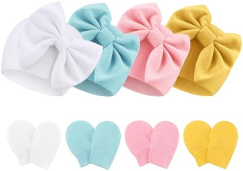 Newborn Baby Hats and Mittens Set Infant Bow Beanie Cap Toddler Gloves Newborn by AQOKKA