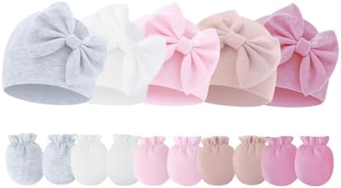 Newborn Baby Hats Mittens Sets Bow Infant Caps Gloves No Scratch Mitten Beanie by Fecawd