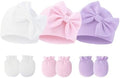 Newborn Baby Hats Mittens Sets Bow Infant Caps Gloves No Scratch Mitten Beanie by Fecawd
