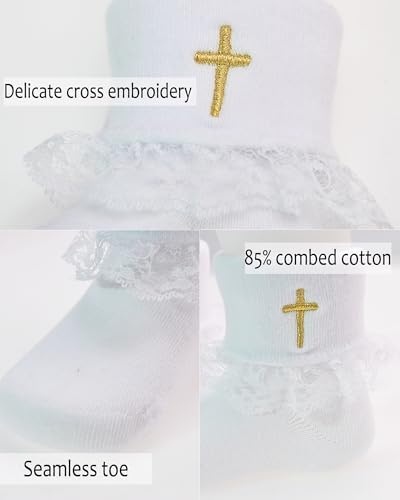 Baptism Socks for Baby Newborn White Turn Cuff Cross Socks, Toddler Ruffle Sock - Image 4