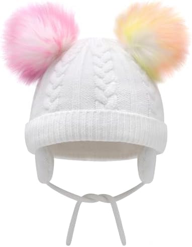 Duoyeree Toddler Winter Hat, Earflap Double Pom Pom Knit Beanie 0-36M - Image 2