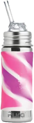 Pura Kiki 11oz/325ml Stainless Steel Straw Bottle w/Sleeve, 100% Plastic-Free, MadeSafe Certified, 100% Medical-Grade Silicone Straw for Kids, Toddlers, Preschoolers, Babies & Infant - New Pink Swirl