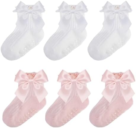 Baby Girl Socks, Ruffle Grip Bows, Toddler Newborn Infant, 6 Pairs by Unknown