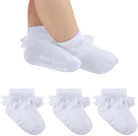 Baby Girl Ruffle Socks with Grips Lace Frilly Ankle Dress Socks by MKYSZLTSOCKS-EnjoyComfort