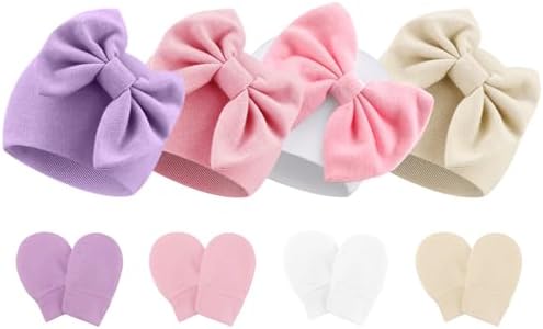 Newborn Baby Hats and Mittens Set Infant Bow Beanie Cap Toddler Gloves Newborn by AQOKKA