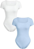 RoseSeek Girl's Short Sleeve Bodysuit Square Neck Leotard Tops 2 Pack by RoseSeek