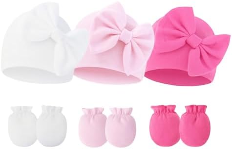 Newborn Baby Hats Mittens Sets Bow Infant Caps Gloves No Scratch Mitten Beanie by Fecawd