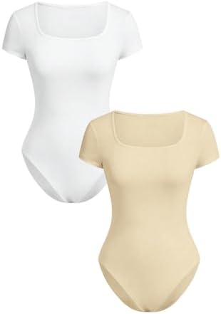 RoseSeek Girl's Short Sleeve Bodysuit Square Neck Leotard Tops 2 Pack by RoseSeek