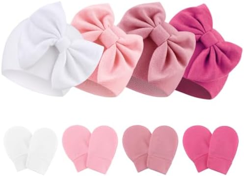 Newborn Baby Hats and Mittens Set Infant Bow Beanie Cap Toddler Gloves Newborn by AQOKKA