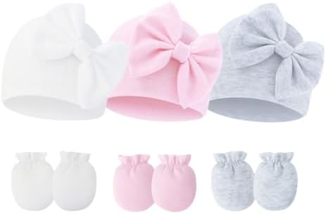 Newborn Baby Hats Mittens Sets Bow Infant Caps Gloves No Scratch Mitten Beanie by Fecawd