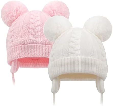 Duoyeree Toddler Winter Hat, Earflap Double Pom Pom Knit Beanie 0-36M by Duoyeree