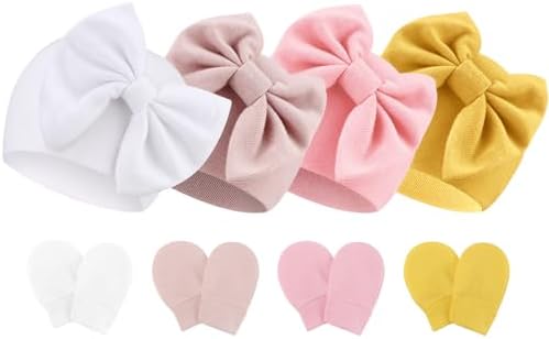 Newborn Baby Hats and Mittens Set Infant Bow Beanie Cap Toddler Gloves Newborn by AQOKKA
