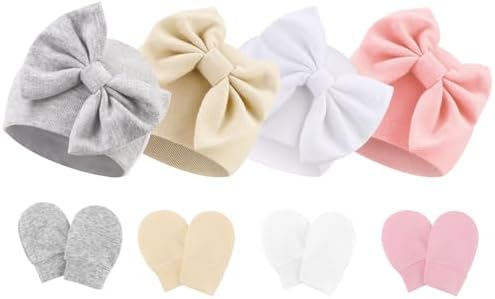 Newborn Baby Hats and Mittens Set Infant Bow Beanie Cap Toddler Gloves Newborn by AQOKKA
