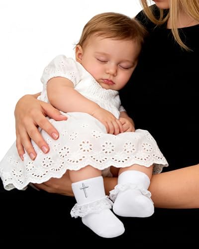 Baptism Socks for Baby Newborn White Turn Cuff Cross Socks, Toddler Ruffle Sock - Image 2