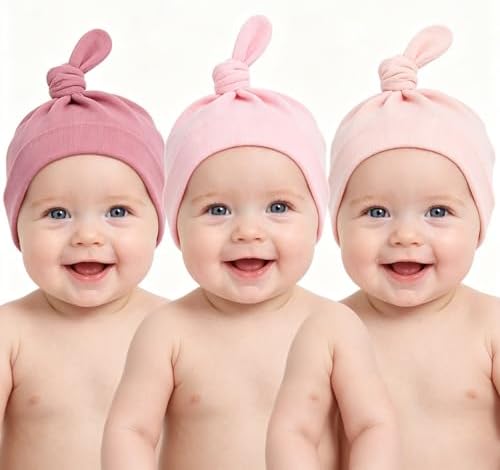 LAWKUL Cotton Baby Newborn Hats Set, 3 Pack, 0-6 Months - Image 2