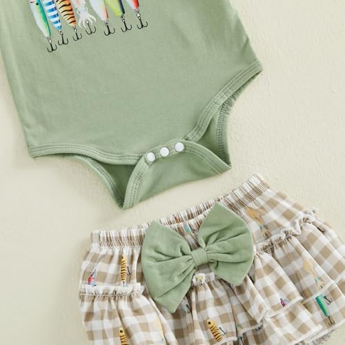 Newborn Baby Girl Fishing Outfit Fish Onesie Short Sleeve Romper Ruffle Plaid - Image 6