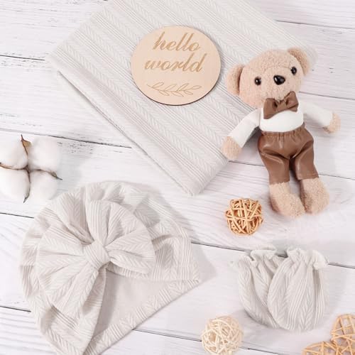 AQOKKA Newborn Receiving Blanket Wheat Ear Bow Hat Mitten Set | 4 Set Receiving - Image 7