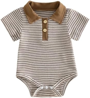VISGOGO Baby Boy Striped Romper Waffle Short Sleeve Button Oversized Bodysuit by VISGOGO