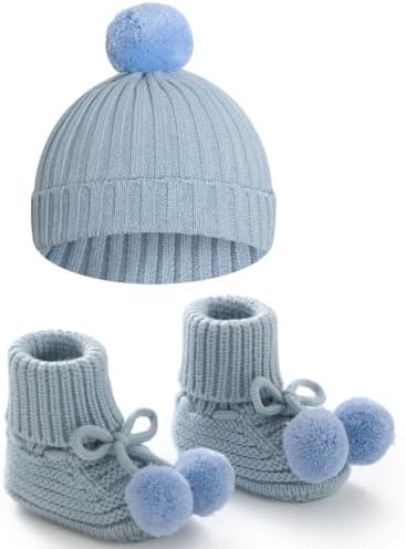 Baby Hats and Booties Set Newborn Knit Pompom Beanie Caps Shoes Winter by WuguguBabyClothes