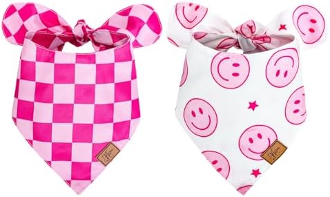 JarThenaAMCS 2Pcs Pink Smile Face Dog Bandana Hot Pink Happy Face Checkered by JarThenaAMCS
