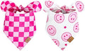 JarThenaAMCS 2Pcs Pink Smile Face Dog Bandana Hot Pink Happy Face Checkered by JarThenaAMCS