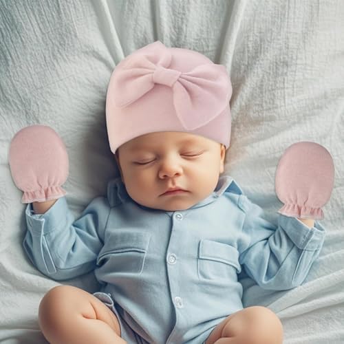 Newborn Baby Hats Mittens Sets Bow Infant Caps Gloves No Scratch Mitten Beanie - Image 3