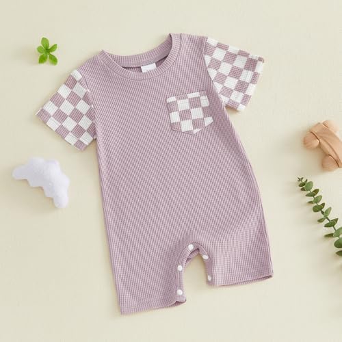 Newborn Baby Boy Girl Clothes Checkered Plaid Romper Waffle Knit Short Sleeve - Image 2