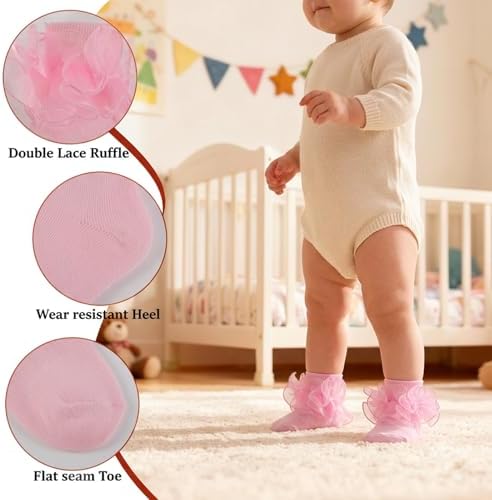 Baby Girls Ruffle Socks Double Layer Lace Turn Cuff Dress Socks - Image 5