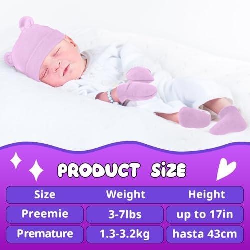 Cuffbow 4 Pcs Preemie Baby Hats Mittens and Socks Set Newborn Cotton Warm Socks - Image 2