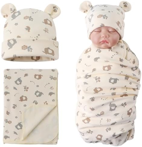 PESAAT Cotton Baby Swaddle Hat Set Newborn Infant Hats Receiving Blankets by Pesaat